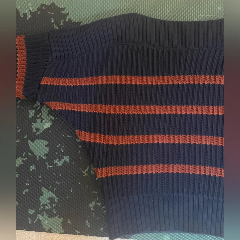 Banana Republic Boatneck Button Shoulder Striped Sweater Navy & Brown Sz Med - Picture 5 of 11